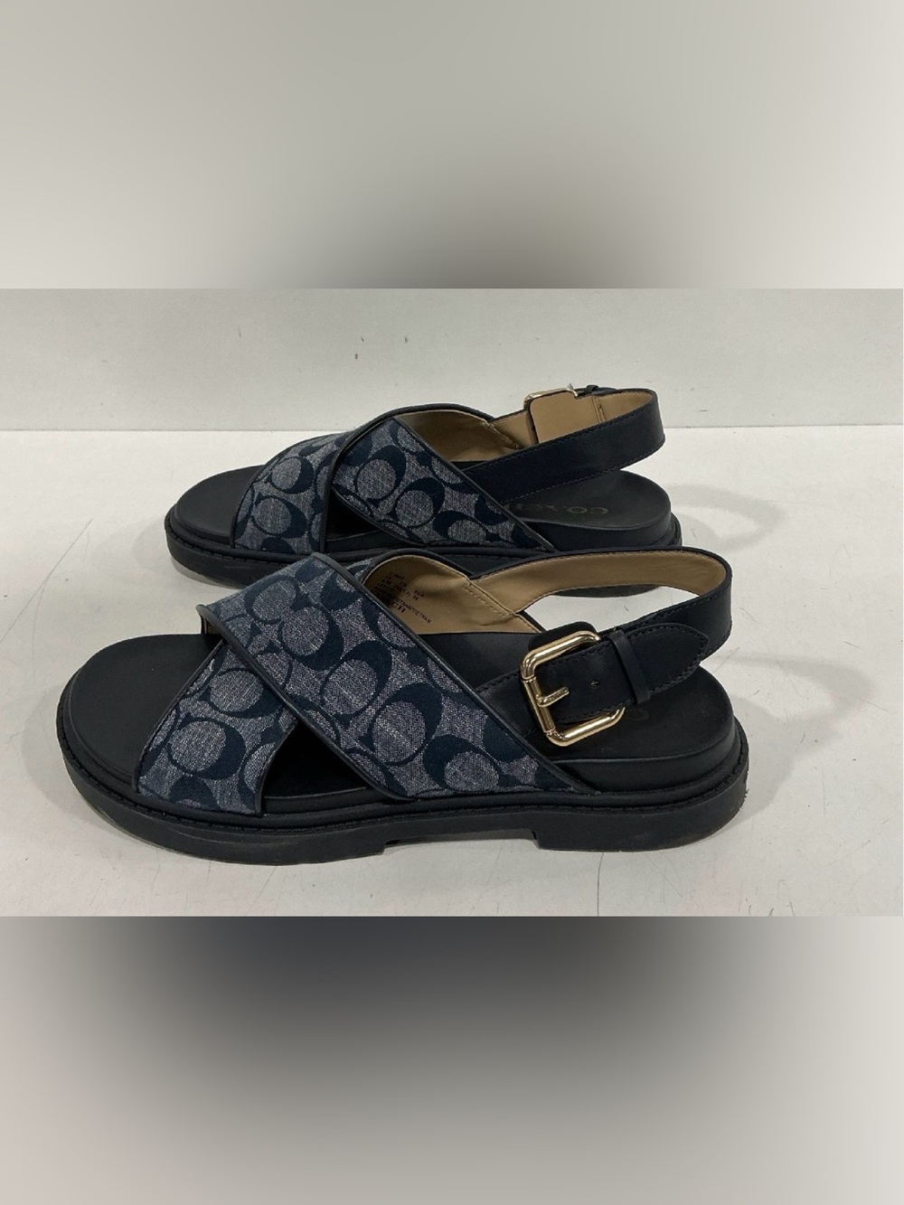 Coach Navy Signature Jacquard Cross-Strap Slingback Sandals with Gold Buckle